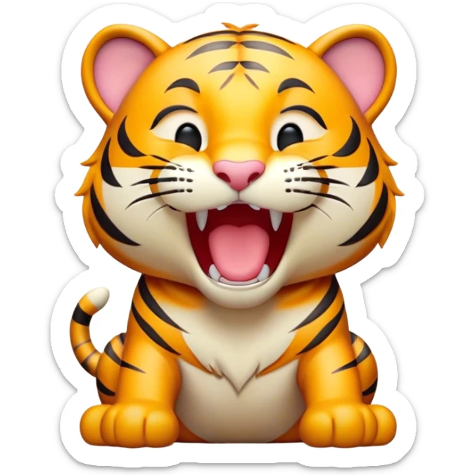 Cinematic Cute Yawning Tiger Portrait Emoji, Head tilted slightly with a dramatic, wide-open yawn, showcasing a lithe, striped body with drowsy, half-closed eyes and an open, relaxed expression, Simplified yet irresistibly adorable features, highly detailed, glowing with a soft, cozy wild glow, high shine, relaxed yet expressive, stylized with a dash of whimsical jungle charm, soft glowing outline, capturing the essence of a drowsy yet affectionate tiger that appears ready to stretch out for a nap! sticker