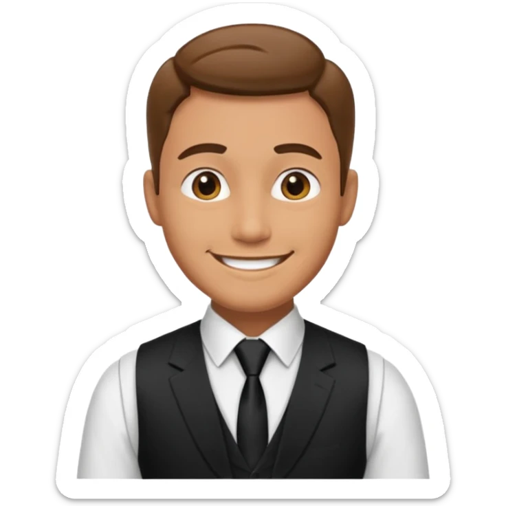 portrait of adult man, wearing a formal vest, smiling face sticker