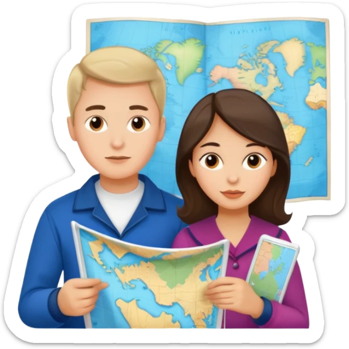 Russian young man and elegant fair-skinned Latina girl in costal-grandma outfits with a map planning  sticker