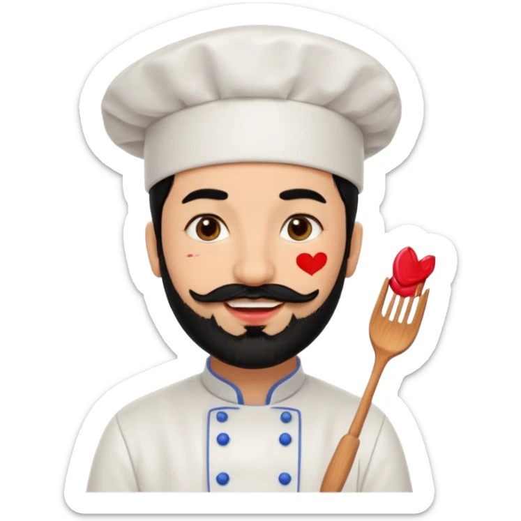 CHEF CON PELO NEGRO Y BARBA NEGRA, OJOS MARRON OSCURO. SONRIE Y TIENE MARCAS DE BESOS CON PINTALABIOS sticker