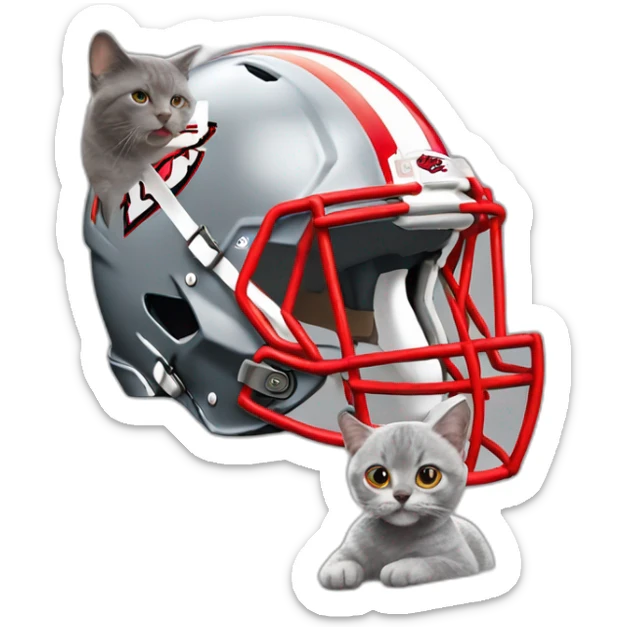 cute grey cat wearing a Kansas City Chiefs helmet next to Taylor Swift sticker