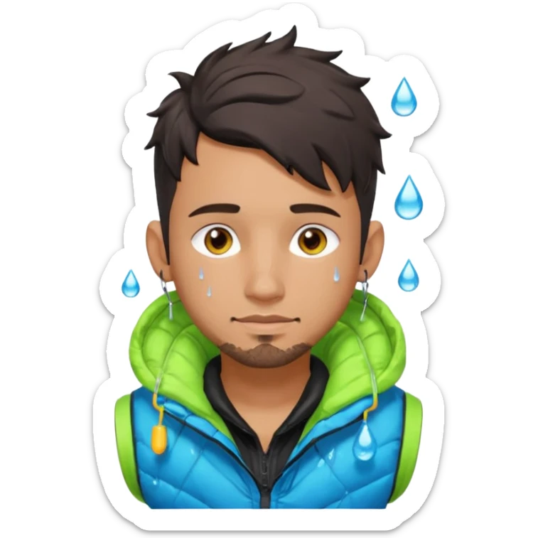 Cyberpunk street adult, hispanic, male, messy undercut, puffer vest over hoodie, glowing earpiece, light stubble, brown eyes, neon reflections, raindrops, dark background. sticker