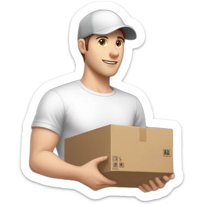 Pale skinned fit Man with dark brown hair in a white cap, gray jeans and gray polo T-shirt keeping a pasted box into his hands sticker