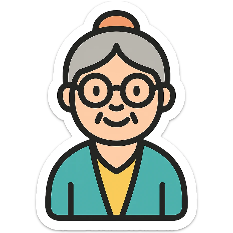 elderly smiling granny who looks like a librarian, glasses, neat hair bun, cardigan sticker
