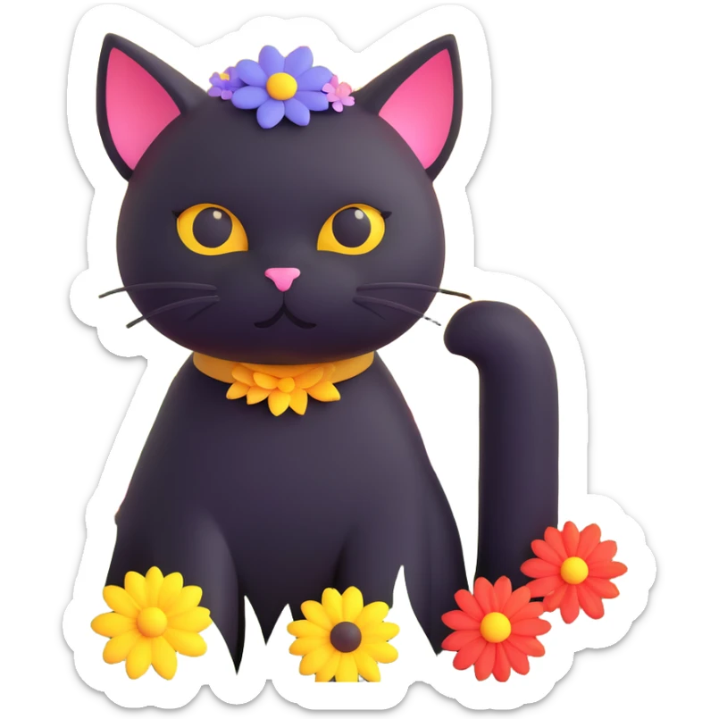 A black cat with a flower on its head in a field of flowers, monochromatic sticker