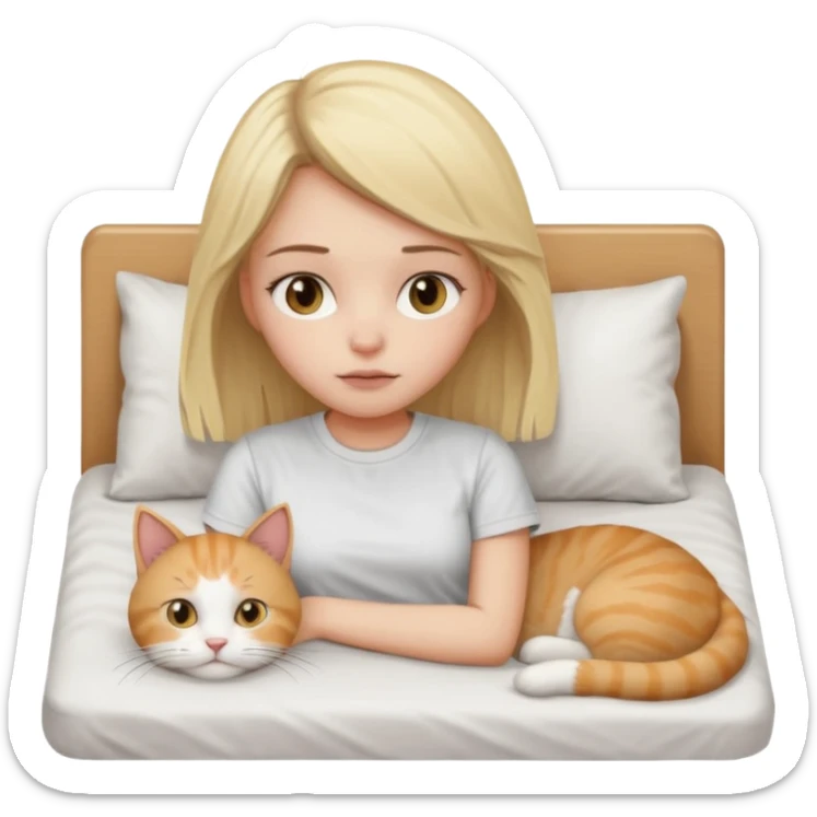 They recreate a photo of a blonde girl with light brown eyes, lying in bed sick with the flu, with her cat nearby. sticker