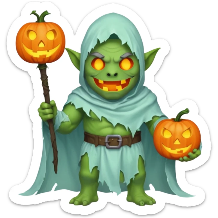 male orc ghost emoji, green skin, tusks, wearing torn white ghost sheet costume, holding glowing jack-o'-lantern, faint blue aura, friendly but spooky expression, Halloween fantasy theme, Apple emoji style, clean white background, square sticker