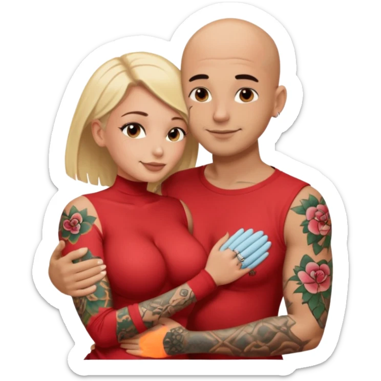 throuple tattooed sleeves bbald male with topless naked big boobed brunette and topless naked big boobed blonde girlfriends  loving  and sexy polygamy sticker