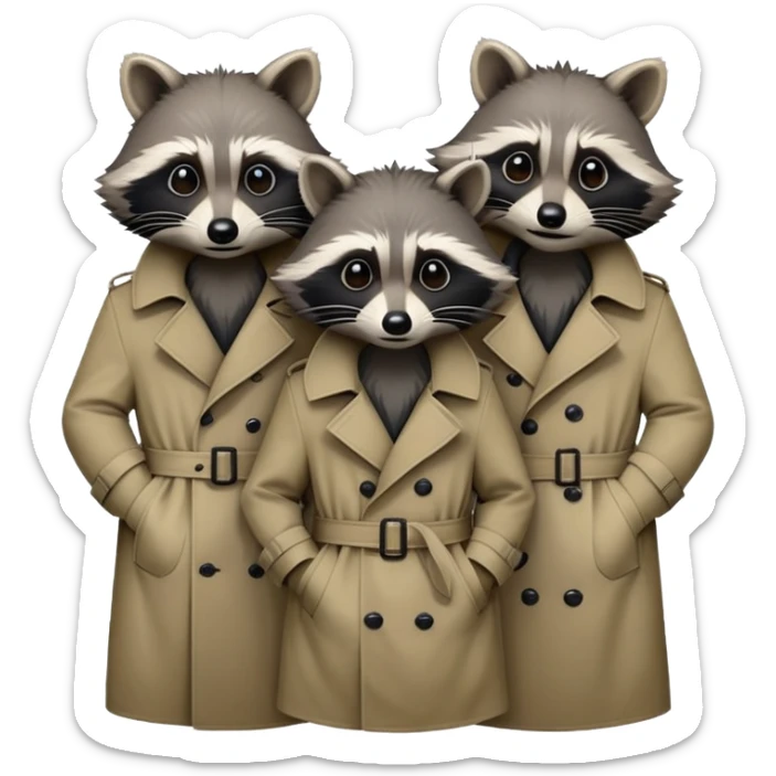 Three mischievious raccoons heads standing on top of each other pretending to be one person within single trench coat sticker