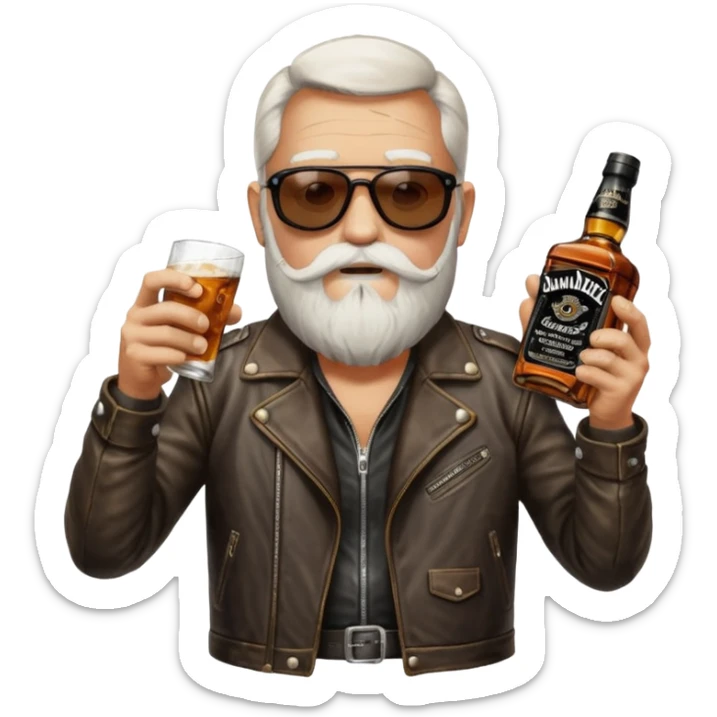Un motero de barba blanca, gafas oscuras chupa de cuero y bebiendo de una botella de Jack Daniel's. sticker