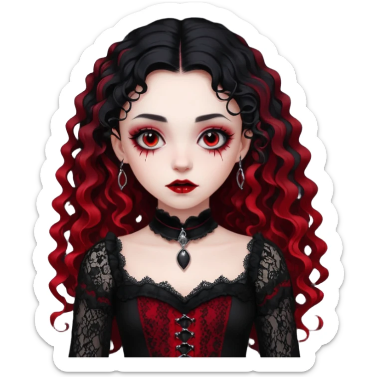 A girl with a red goth vampire look in a black and red goth lace dress with long sleeves and long black curly hair bold look on her face sticker