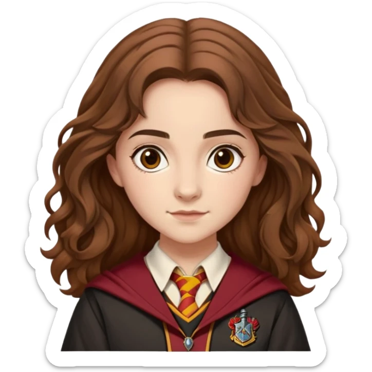 Georgina Leonidas is Katie Bell in harry potter, wear hogwarts gryfindor uniform, medium-to-long, wavy brown hair, a practical and natural look, light skin sticker
