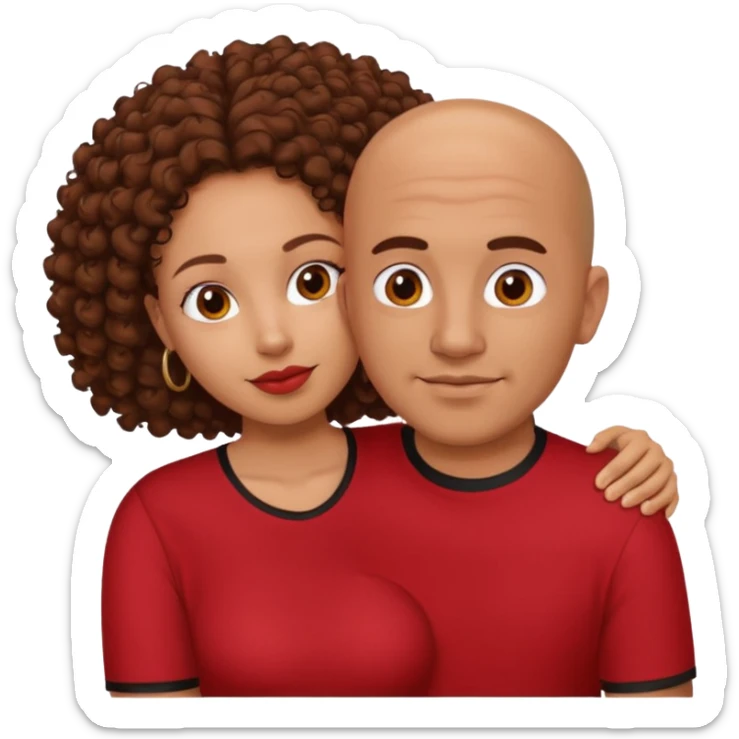 A picture of a tanned couple embracing. the guy is Mexican, with a bald hair cut and he is wearing a red shirt. the girl is mixed, the girl is wearing a black shirt, the girl has brown curly big hair and with big boobs  sticker