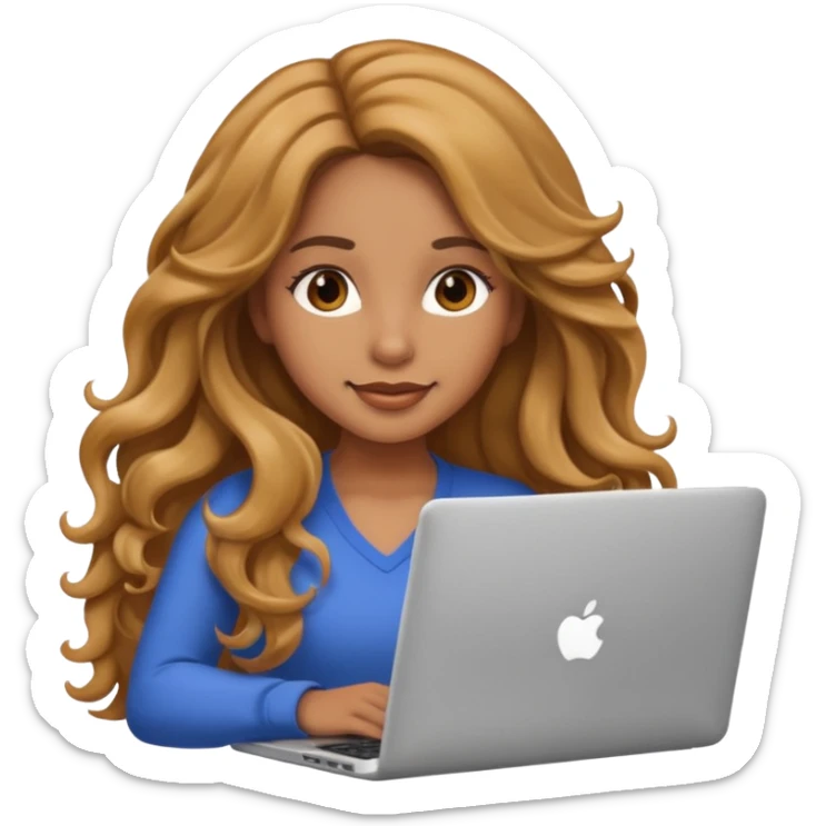 Pretty girl with long, light golden brown wavy hair, Latina, with a laptop, AI-generated emoji. sticker