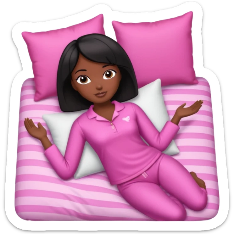 Dark skin Black barbie, short  black bob  hair, pink pajamas laying on pillow just me  sticker