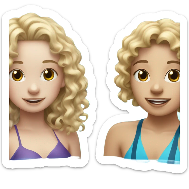 Blonde curly hair girl with freckles and white brunette girl swimming inside the pool sticker