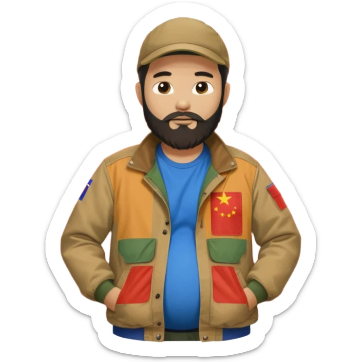Bearded man rubbing pregnant belly poking out of a chinese flag shirt wearing a tan canvas carhartt jacket sticker