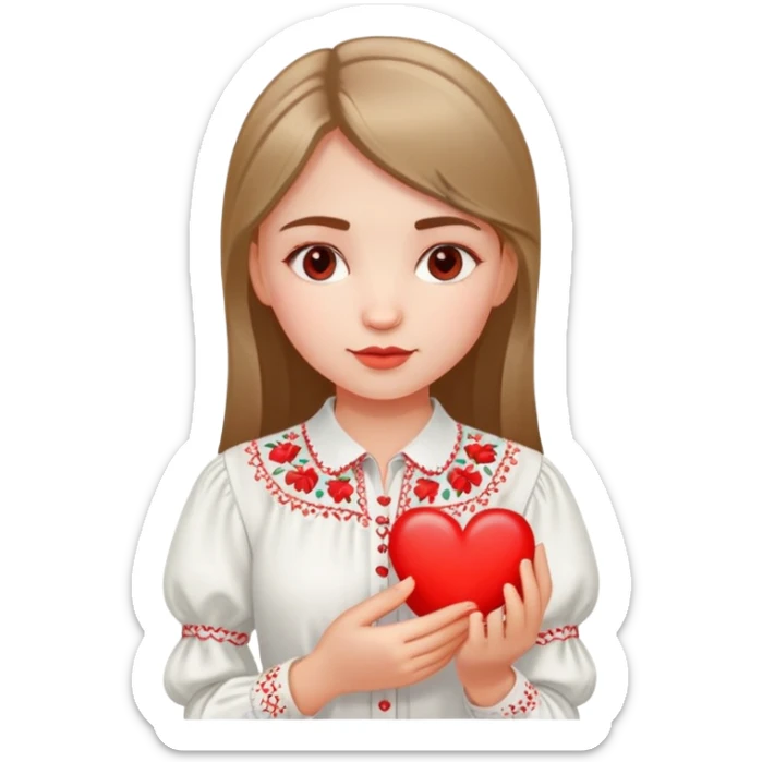 Ukrainian girl in a white embroidered shirt holds a heart in her hand sticker