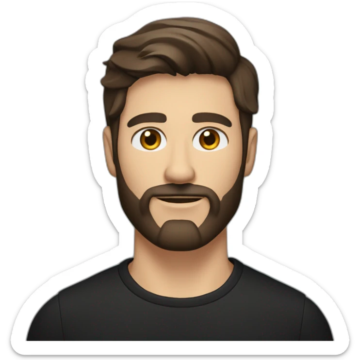 White man with a slight sun kissed tan, blue eyes and dark brown hair. He has a beard and mustache trimmed. Wears black clothing and wears his hair styled sideways backwards. sticker