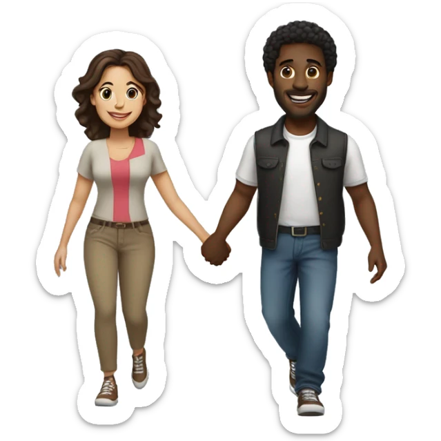 A black man  with medium hair and a Latina woman with  brown hair holding hands and walking side by side, smiling and enjoying their time together sticker