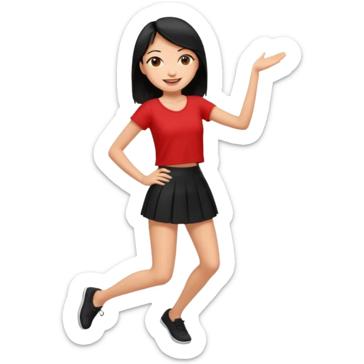 Chicas esbelta con falda corta negra y top rojo,pelo semi largo negro y lacio  super feliz,pero bailando sticker