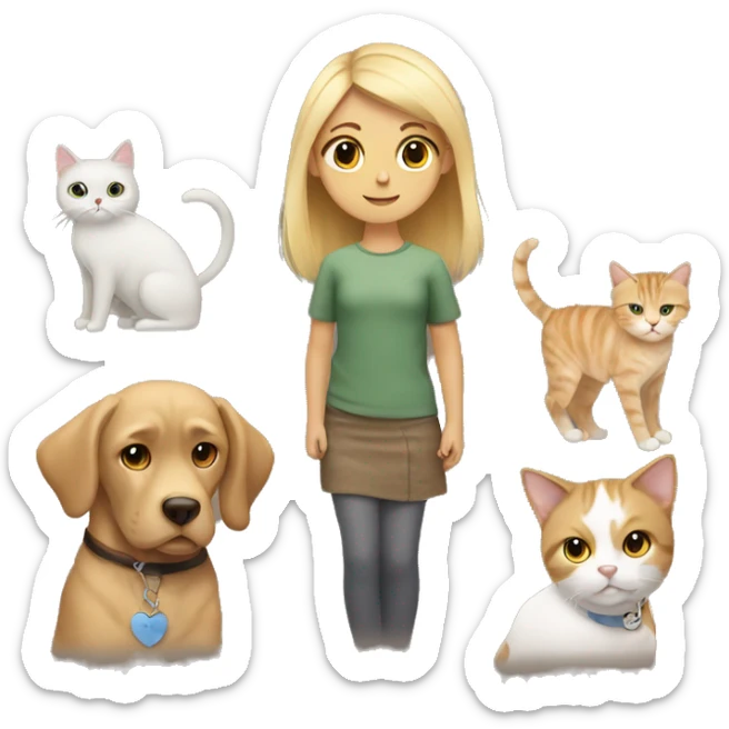 draw a girl with blond hair and brown eyes with a dog and a cat sticker
