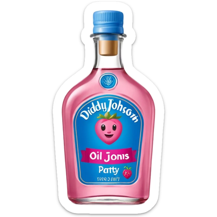 bottle of oil blue top pink outside with logo that says Diddy Party oil Johnson and Johnson  brand with a smiling berry on top sticker
