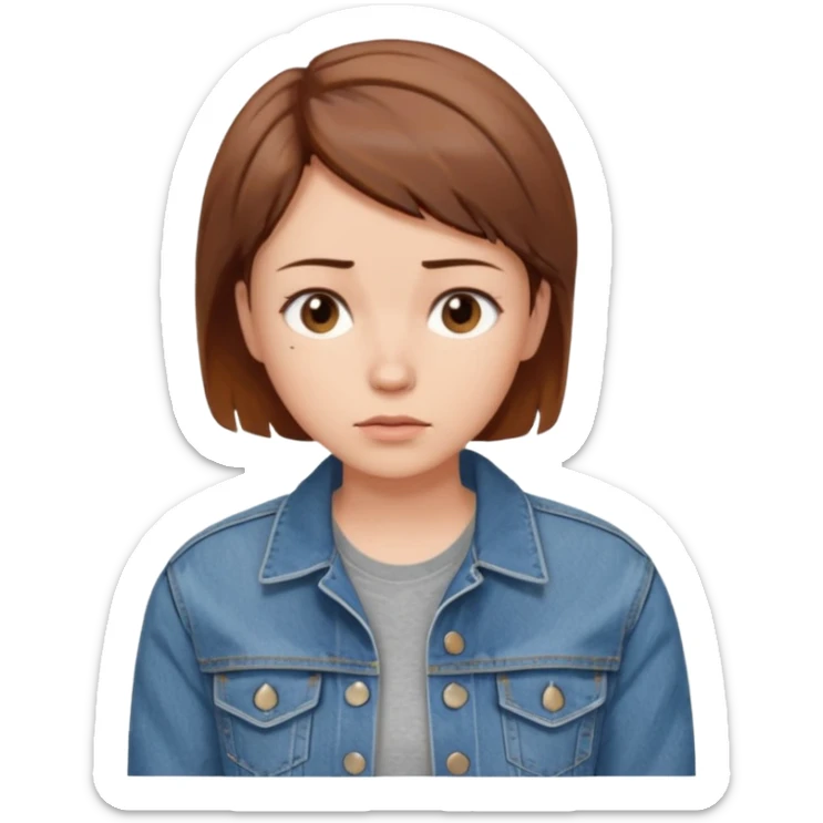 a woman with a brown short hair, looking at the left, worried, wearing a denim jacket, only upper body, high quality sticker