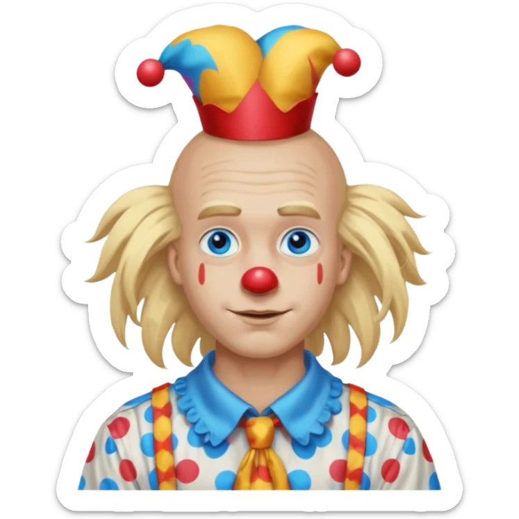 clown boy with messy very long long blonde hair blue eyes, designer shirt and hair pins sticker