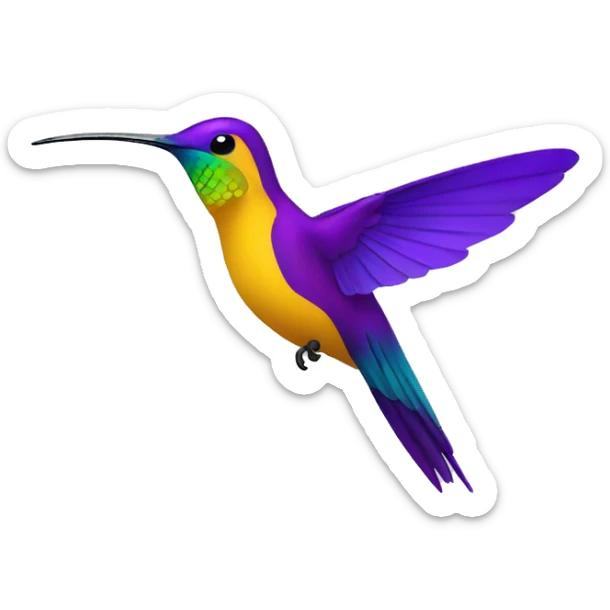 colibri en colores morados cabeza y pecho, alas azul, amarillo y morado sticker