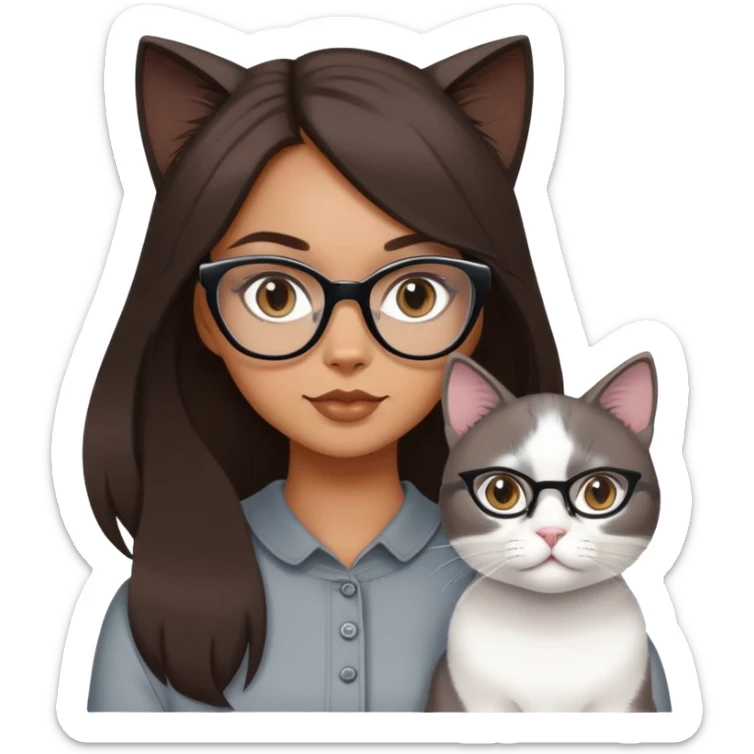 a girl with cat eye glasses and long dark brown hair with grey cat and white cat sticker