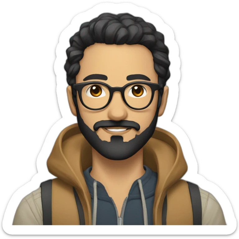 Arabic man, very short black hair, round hipster glasses, dark beard and mustache, round-ish face, brown eyes, beautiful smile, beautiful clothes inspired by neo tokyo sticker