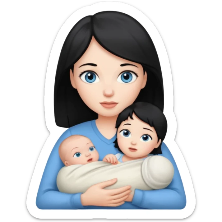 mom holding newborn baby girl with blue eyes white skin and black hair and white skin newborn girl bab white skin black hair sticker