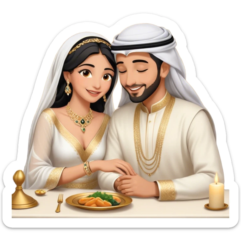 intimate moment a Arab couple at candlelit dinner. The woman, dressed in a sophisticated white gown with delicate jewelry, smiles as her partner, wearing a traditional black and gold bisht with a white ghutra, leans in to whisper or kiss her cheek. Their hands are gently intertwined on the table,M sticker