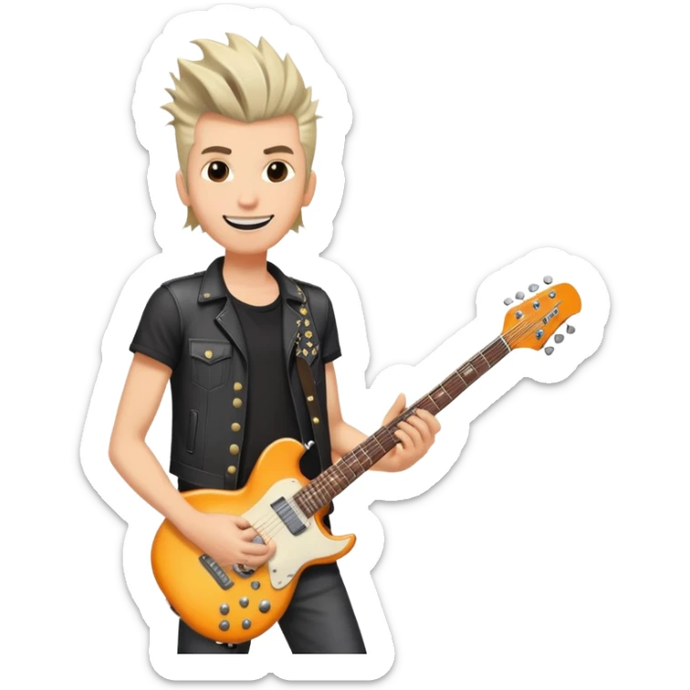 Rockstar musician with a confident smile looking up, electric guitar, cool hairstyle, rock and roll attitude sticker