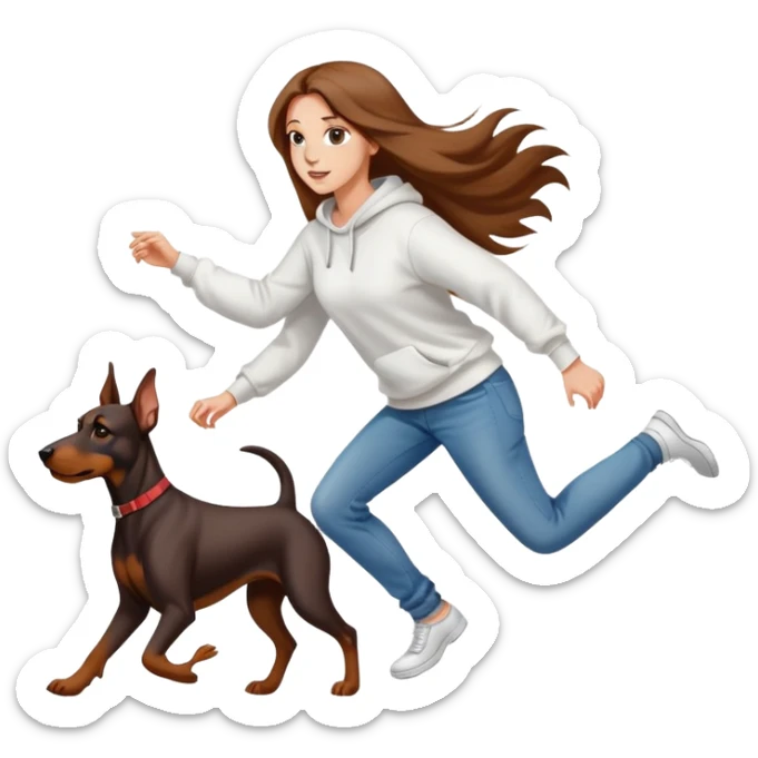 A beautiful girl with long hair wearing a white sweatshirt and jeans is chasing Doberman sticker