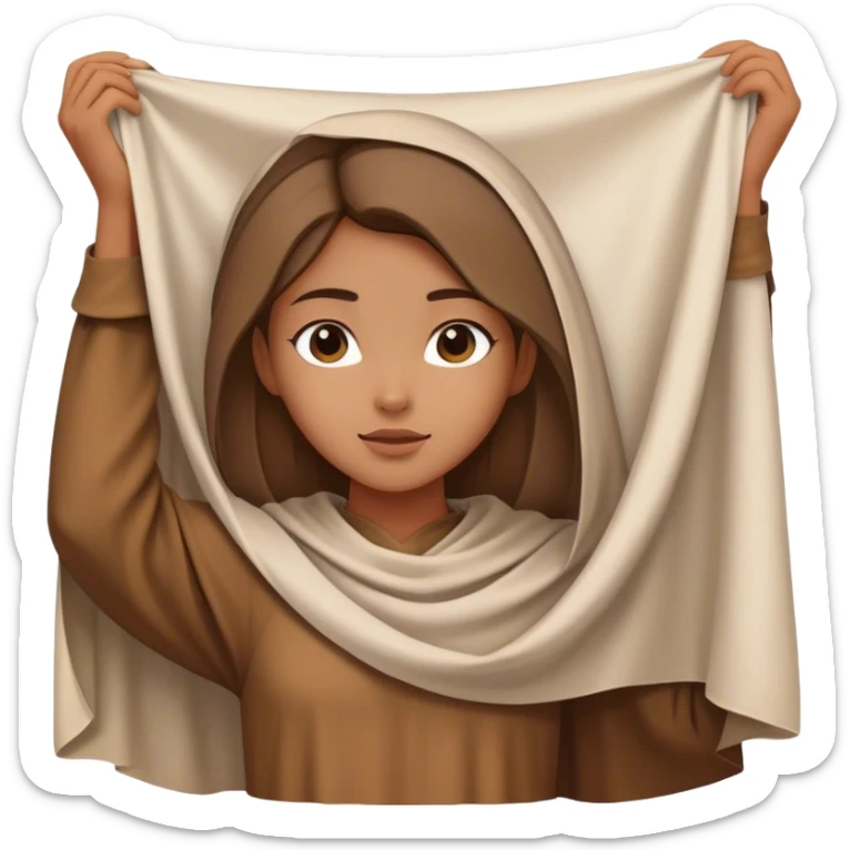 girl in brown tunic holding up a large piece of white cloth lying down, medieval age sticker