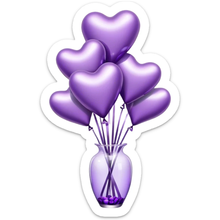 "A cluster of metallic heart-shaped balloons in varying shades of purple, floating beside a sleek glass vase filled with matching roses."
 sticker
