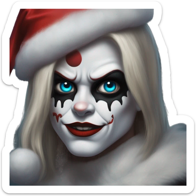 Santa Claus Terminator in Harley Quinn style, oil paint, mysterious eyes, intricate lips, masterpiece portrait, odd perspective, beautiful, desirable, logical sticker