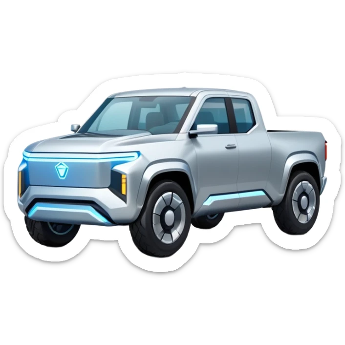 A futuristic electric pickup truck emoji, silver chrome body, angular cyber design, smooth metallic panels, subtle reflections, minimalistic proportions, iOS emoji style, centered composition, clean white background, soft lighting sticker