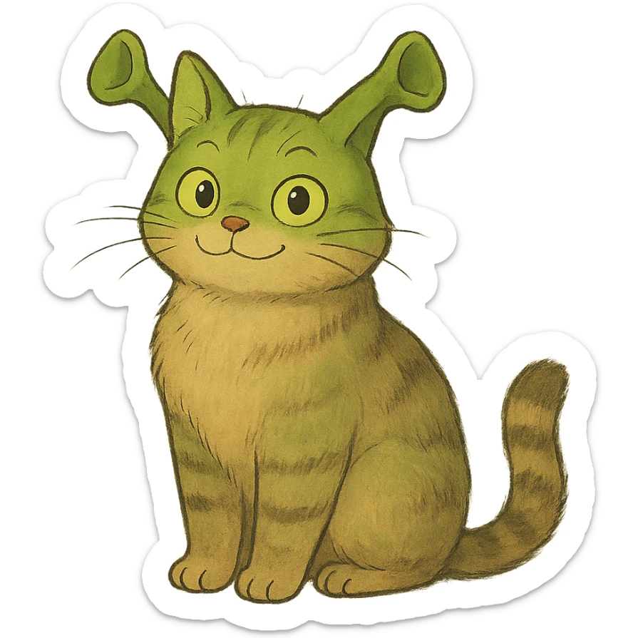ghibli style cat inspired by Shrek with green ogre ears and whimsical look sticker