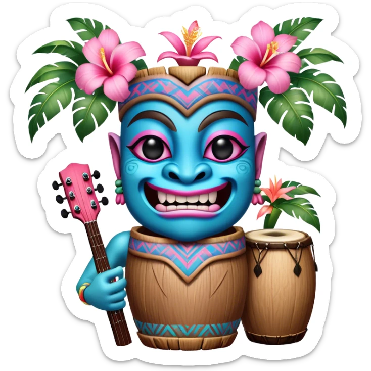 Pixar style little Blue and pink tiki singing with bongos and tropical flowers, ultra detailed and lifelike imagery, realistic sticker