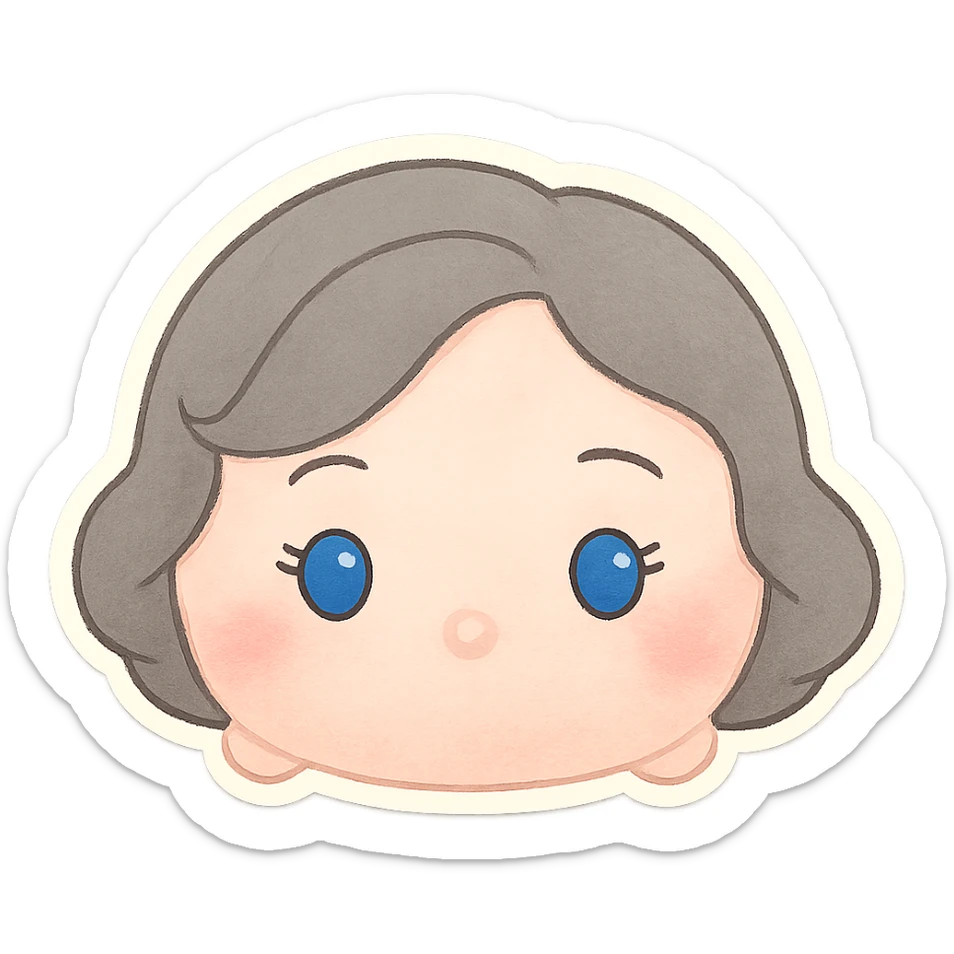 female tsum tsum plush style, blue eyes, grey 1940s bob hair, no body, no mouth, emoji sticker