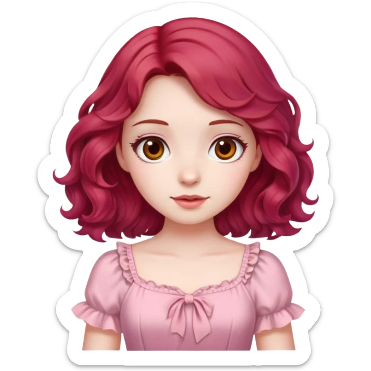 A pale girl with cherry red wavy hair and brown eyes, wearing a pink cute dress. sticker