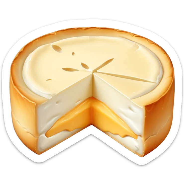 cinematic-realistic-brie-cheese-emoji,-featuring-a-creamy gooey center,-soft-ripened-cheese-with-a-delicate-rind-rendered-with-lifelike-detail-and-inviting,-natural-lighting. sticker