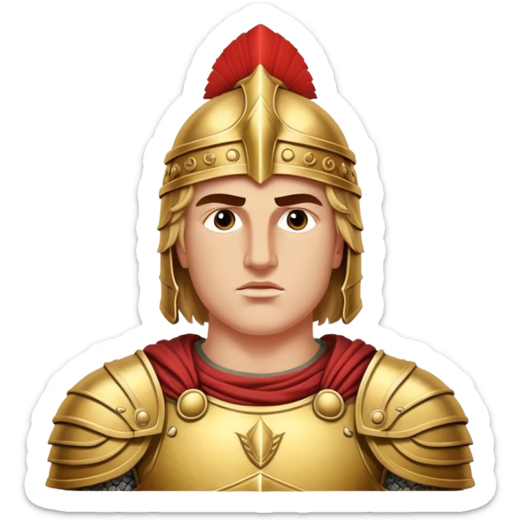 Cinematic Realistic Alexander the Great Portrait Emoji, depicted as a bold, charismatic ancient conqueror in regal armor with a commanding gaze, rendered with lifelike textures and dramatic heroic lighting that captures his legendary ambition. sticker