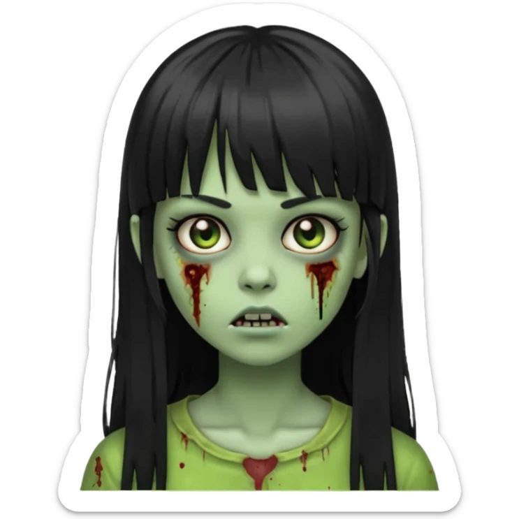 Zombie emoji girl, light green skin, black straight long hair with bangs sticker