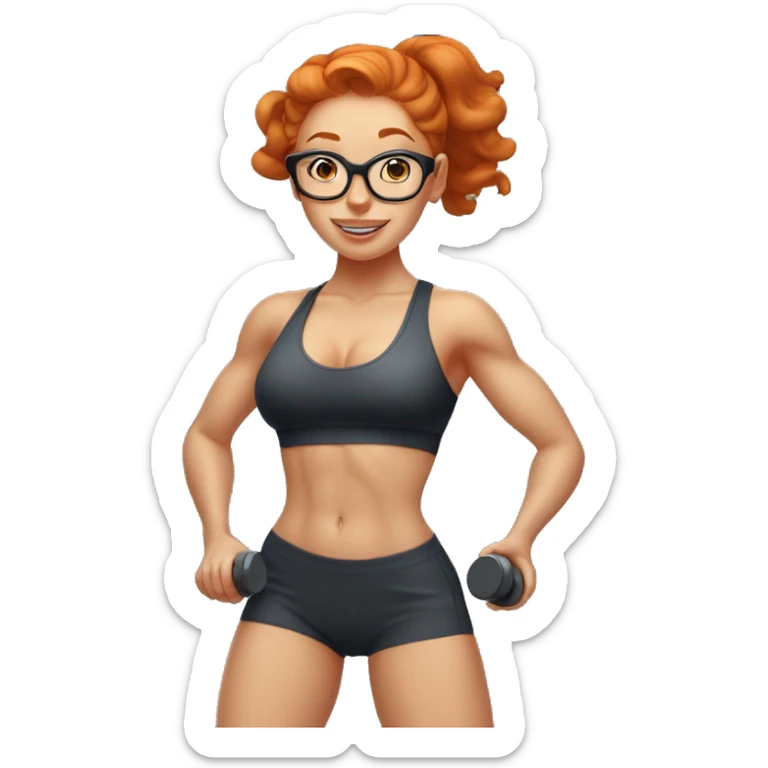 Ginger hair girl with eyeglasses and aesthetic gym outfit pumping her booty with dumbbells  sticker