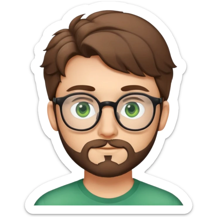 Young man with slightly curled brown poofy hair, green eyes wearing glasses, wide face with eyes set apart, bigger ears, and stubble but not a full beard sticker