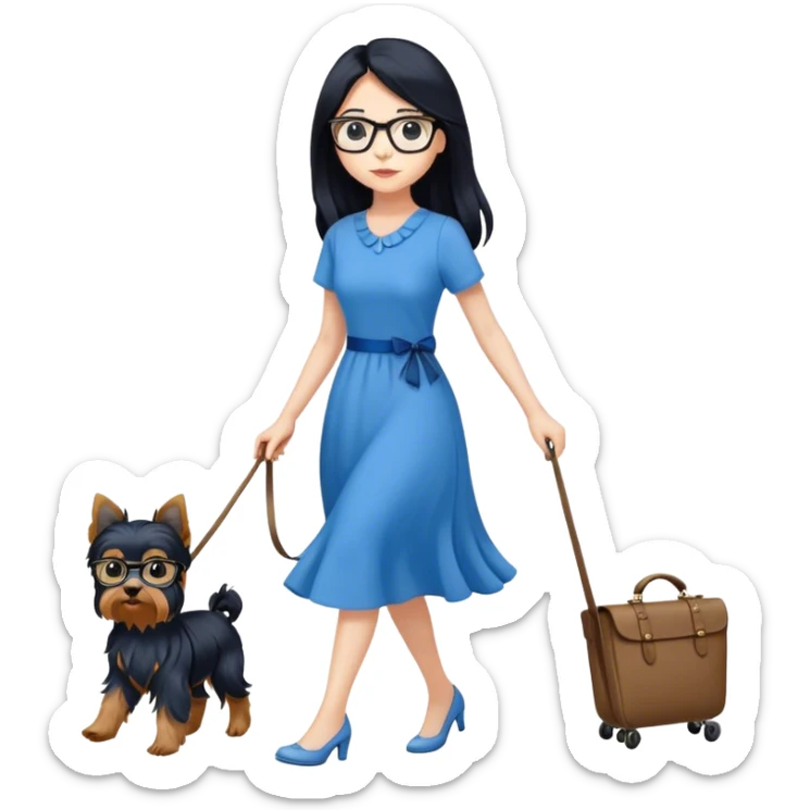 pale female with long black hair, wearing glasses and blue dress walking yorkie sticker